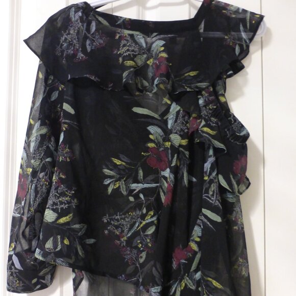 GUESS black floral print semi-sheer chiffon partial cold shoulder top - Picture 9 of 11